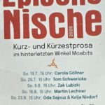 Das Bild zeigt den aktuellen Flyer der Veranstaltungsreihe "Epische Nische", kuratiert von Claudius Hagemeister.