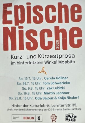 Das Bild zeigt den aktuellen Flyer der Veranstaltungsreihe "Epische Nische", kuratiert von Claudius Hagemeister.